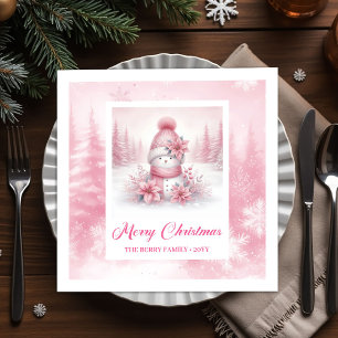 Cute Pink Snowman Watercolor Winter Scene Pinkmas Napkins