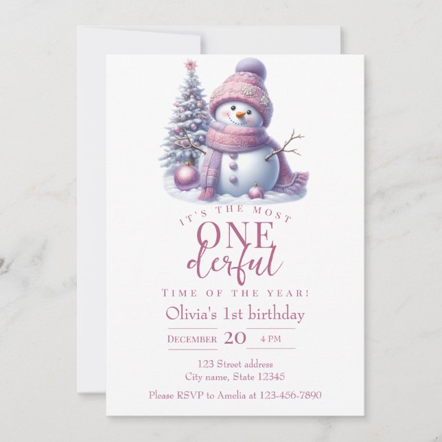 Cute Pink Snowman Winter Birthday Invitation (Front)