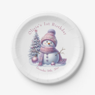 Cute Pink Snowman Winter Birthday Paper Plates