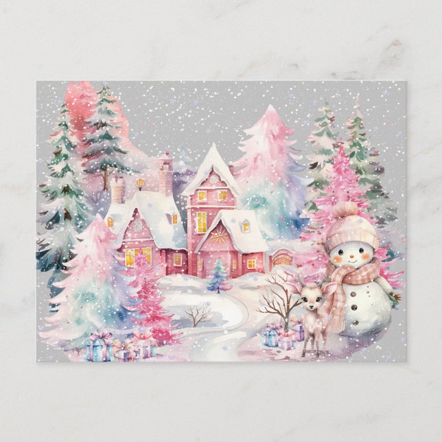 Cute Pink Snowman Winter Wonderland Postcard (Front)