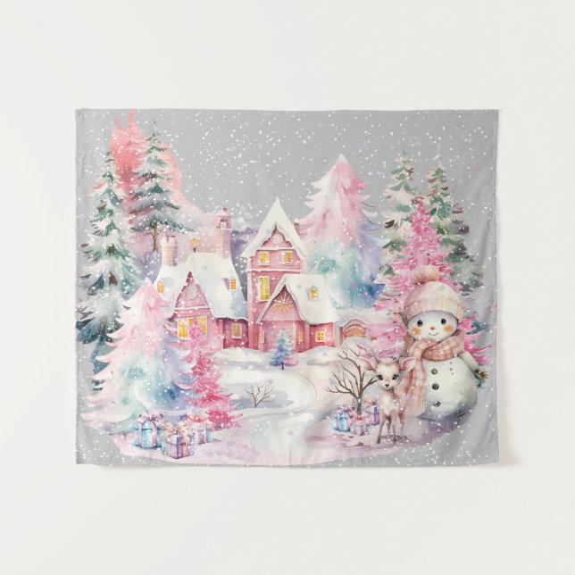 Cute Pink Snowman Winter Wonderland Tapestry (Front (Horizontal))