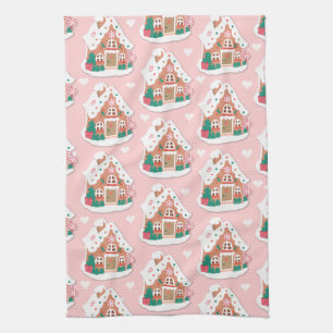 Cute Pink Snowy Gingerbread House Kitchen Towel