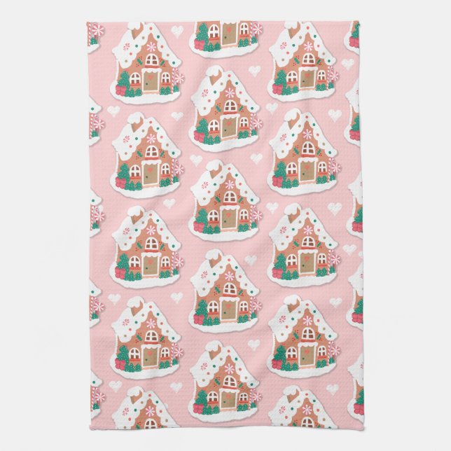 Cute Pink Snowy Gingerbread House  Kitchen Towel (Vertical)