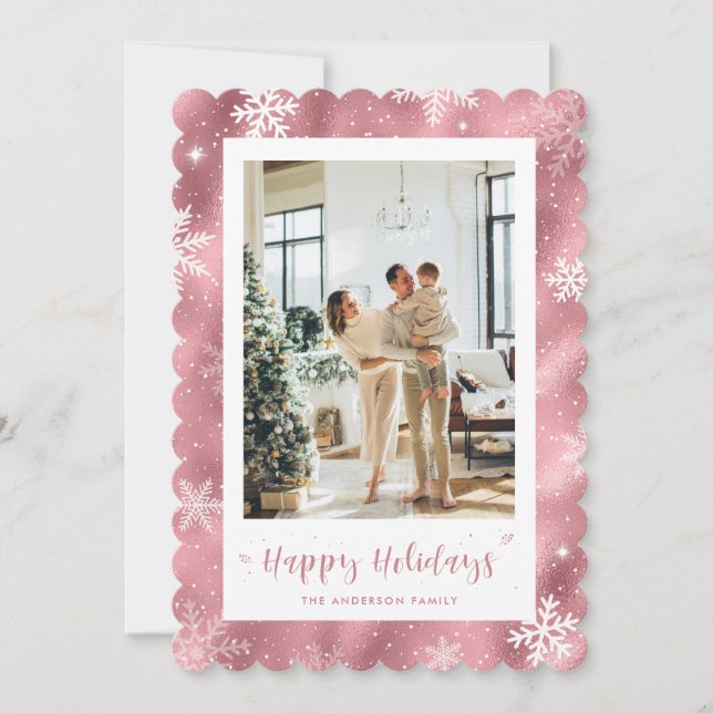 Cute Pink Snowy Photo Holiday Card (Front)