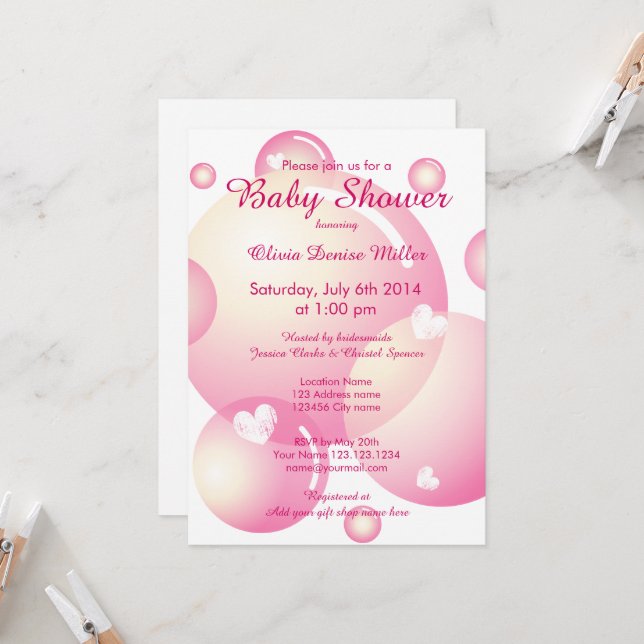 Cute pink soap bubbles girl's baby shower party invitation (Front/Back In Situ)