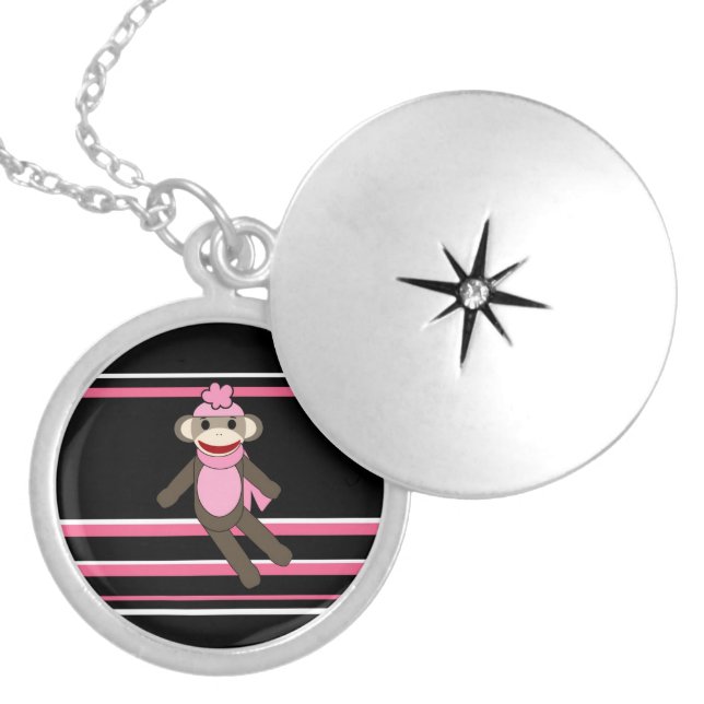 Cute Pink Sock Monkey Girl Flower Hat Stripes Silver Plated Necklace (Front)