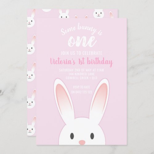Cute Pink Some Bunny Is One Birthday Invitation