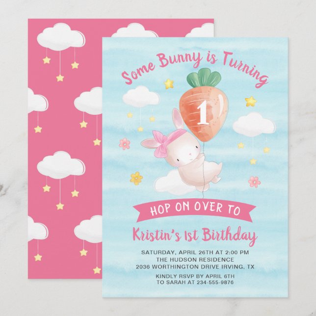 Cute Pink Some Bunny with Carrot Birthday Invitation (Front/Back)