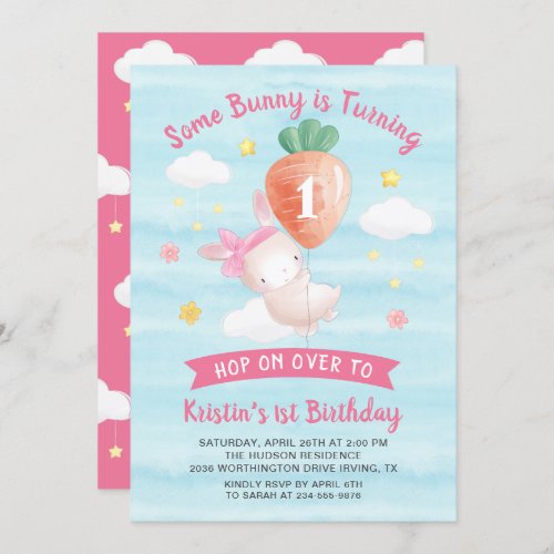 Cute Pink Some Bunny with Carrot Birthday Invitation