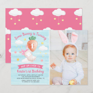 Cute Pink Some Bunny with Carrot Birthday Photo Invitation