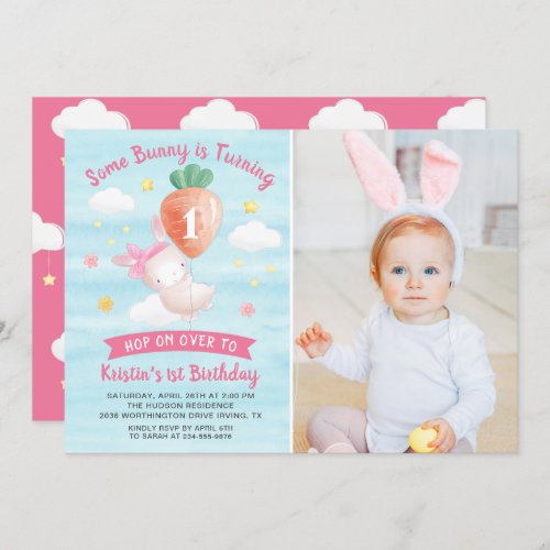 Cute Pink Some Bunny with Carrot Birthday Photo Invitation