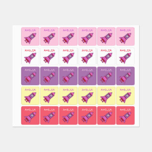 Cute Pink Space Rocket Toddler and Pre-School Name Kids' Labels