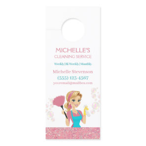 Cute Pink Sparkle Maid Cleaning Service Door Hanger