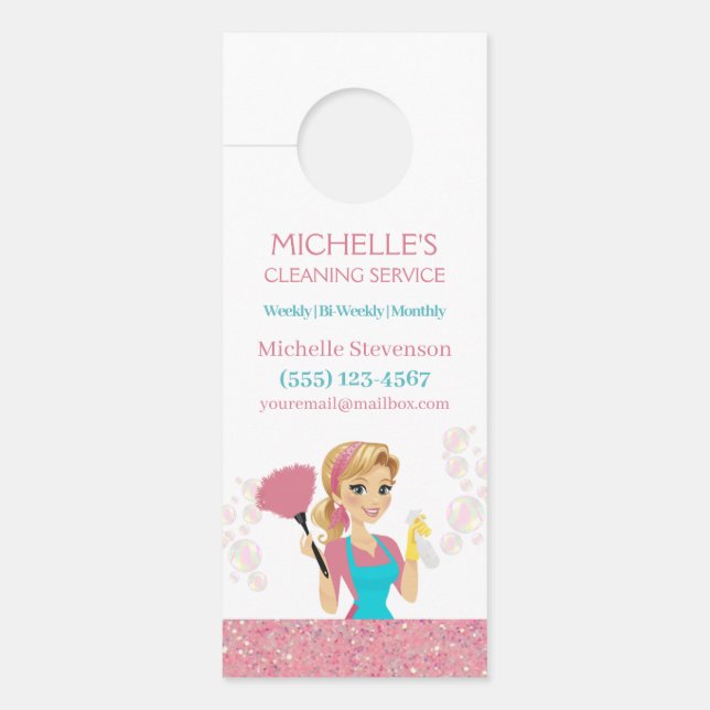 Cute Pink Sparkle Maid Cleaning Service Door Hanger (Front)