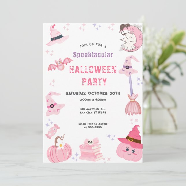 Cute Pink Spooktacular Halloween Party Theme Invitation (Standing Front)