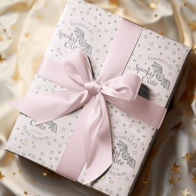 Cute Pink Spooky Cute October Baby Shower Wrapping Paper (Spooky Cute Fall Baby Shower Custom Wrapping Paper. Hand-Drawn Baby Bat, Moons & Stars in Blush Pink)