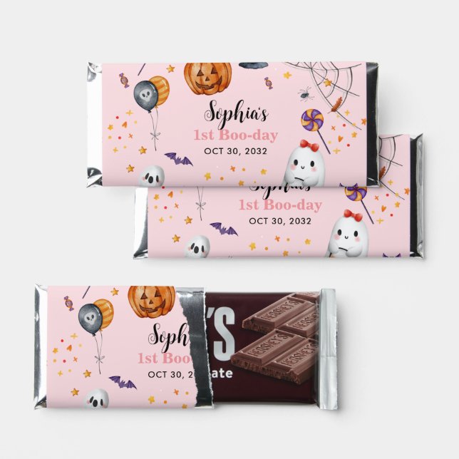 Cute Pink Spooky Halloween Kids Birthday Hershey Bar Favors (Front)