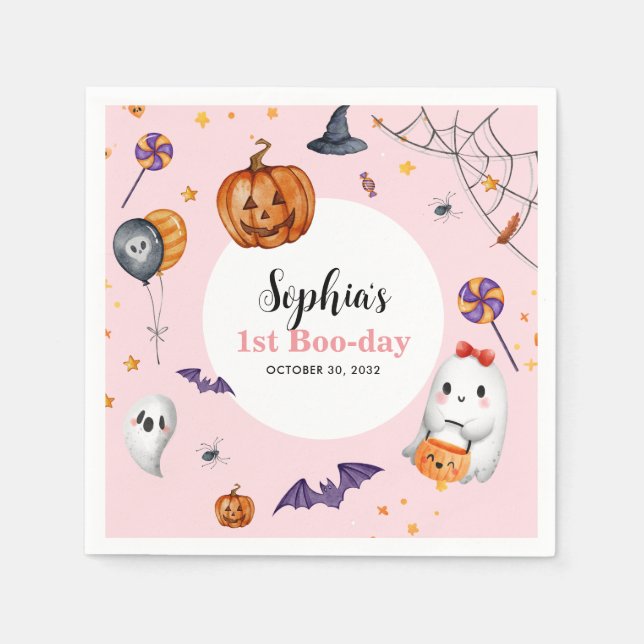Cute Pink Spooky Halloween Kids Birthday Napkins (Front)