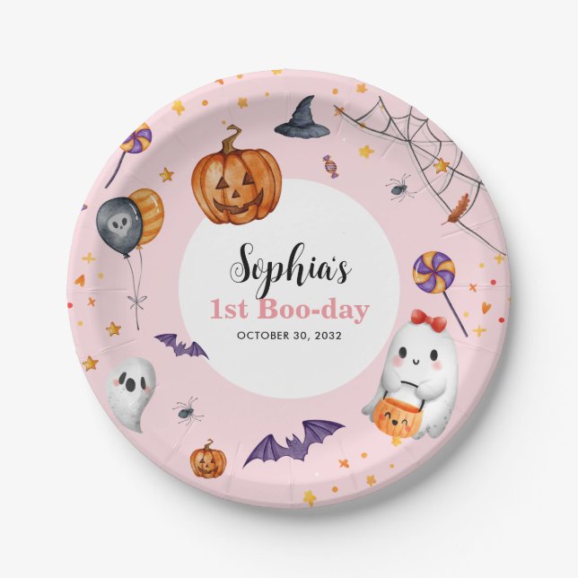 Cute Pink Spooky Halloween Kids Birthday Paper Plates (Front)