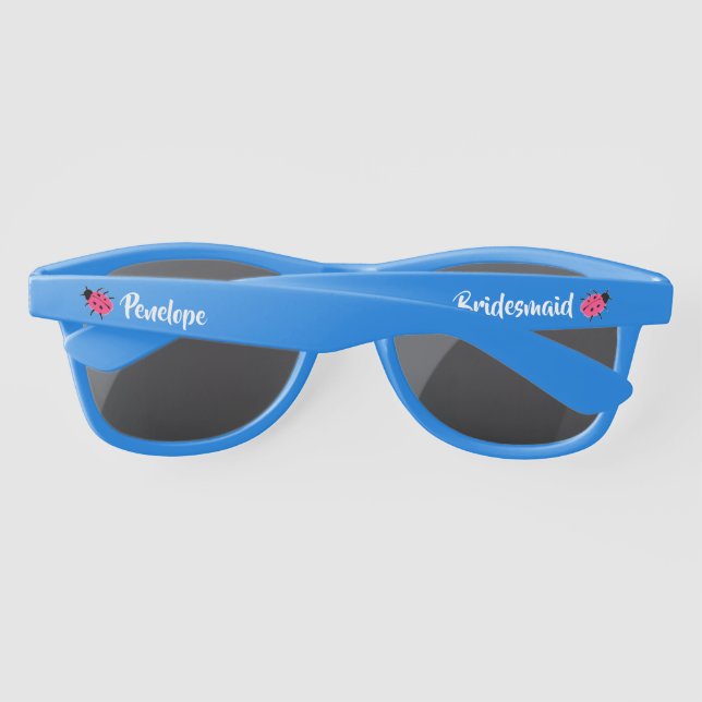 Cute Pink Spotted Ladybug Bridesmaid with Name Sunglasses (Back)