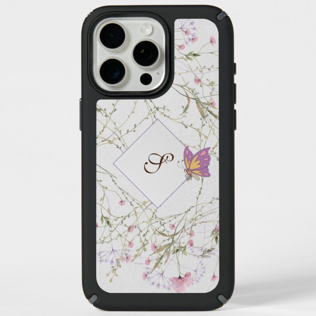 Cute Pink Spring Wildflower Butterfly Name Initial Speck iPhone Case (Front)