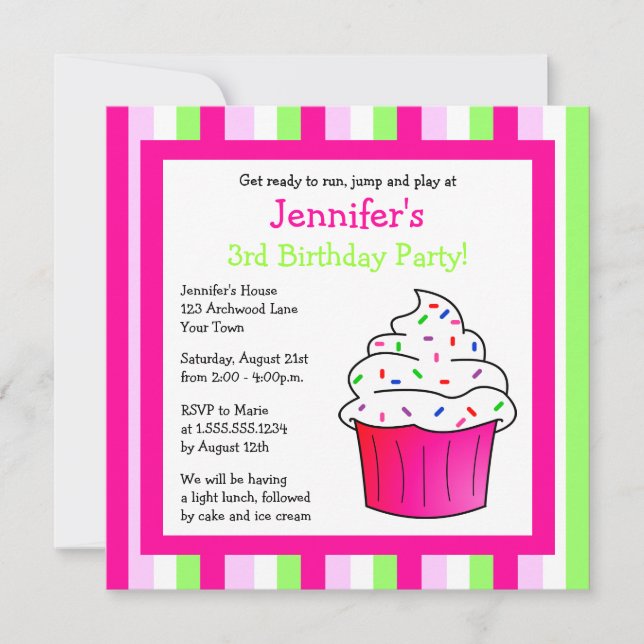 Cute Pink Sprinkle Cupcake Birthday Party Invite (Front)