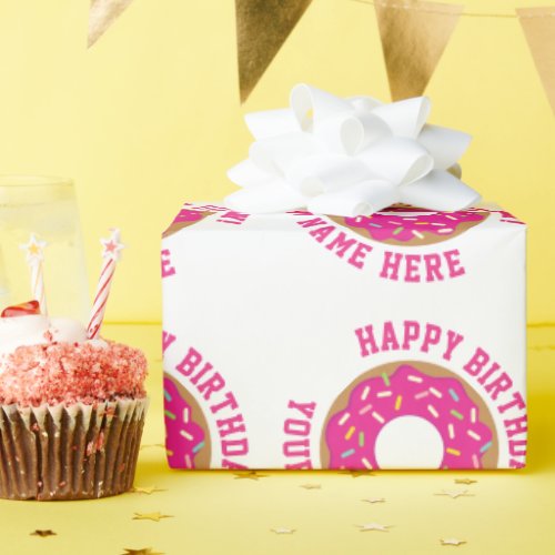 Cute pink sprinkled donut custom Birthday party Wrapping Paper