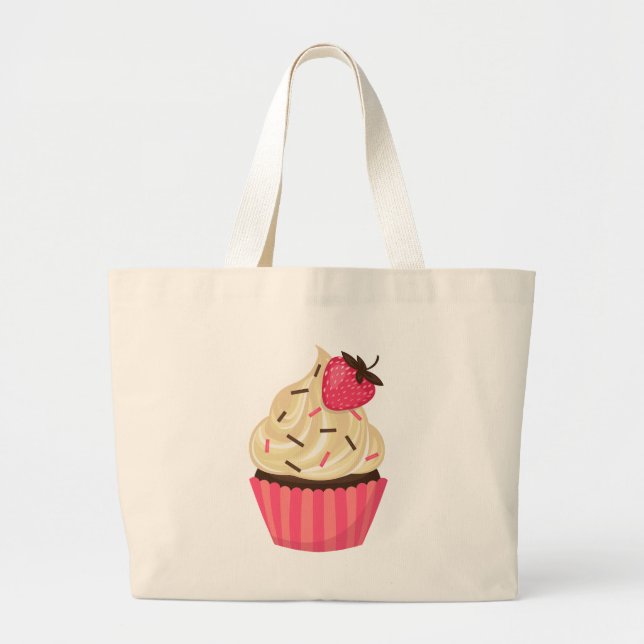 Cute Pink Sprinkles Strawberry Cupcake Large Tote Bag (Front)
