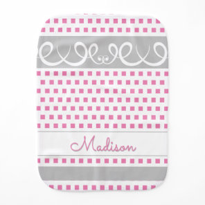 Cute Pink Square Polka Dots & Swirls Girly Name Baby Burp Cloth