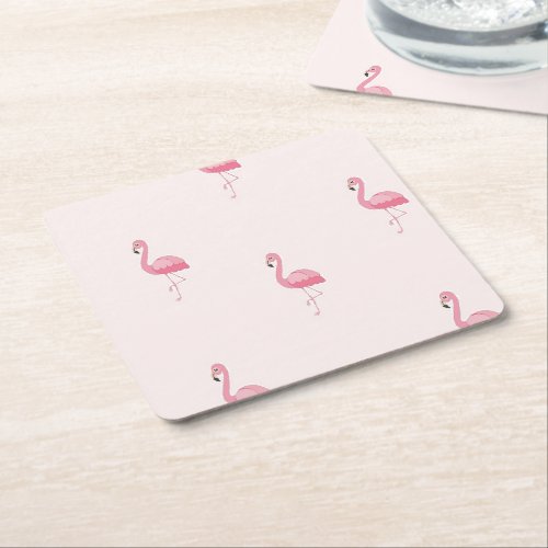 Cute pink standing flamingo square paper coaster