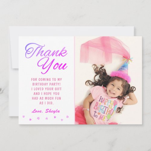 Cute Pink Star Birthday Girl Photo  Thank You Card