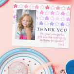 Cute Pink Star Girly Photo Birthday Thank You Postcard<br><div class="desc">Cute Pink Star Girly Photo Birthday Thank You Postcard. Cute and girly thank you postcard with a photo, a message for your family and friends and a child`s name. The postcard has colorful stars in pink and purple colors. Personalize this photo card with your kid`s name and your child`s photo...</div>