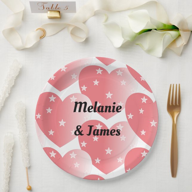 Cute Pink Star Hearts Pattern Paper Plates (Wedding)