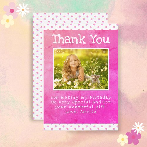 Cute Pink Star Pattern Girl Photo Birthday Thank You Card