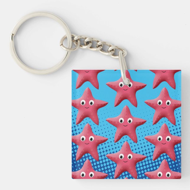 Cute Pink Starfish Blue Ocean Keychain (Front)