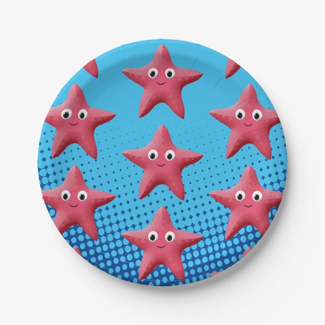 Cute Pink Starfish Blue Ocean Paper Plates (Front)