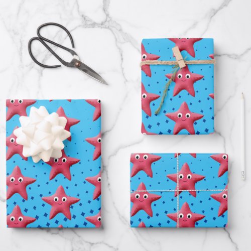Cute Pink Starfish Blue Ocean Wrapping Paper Sheets