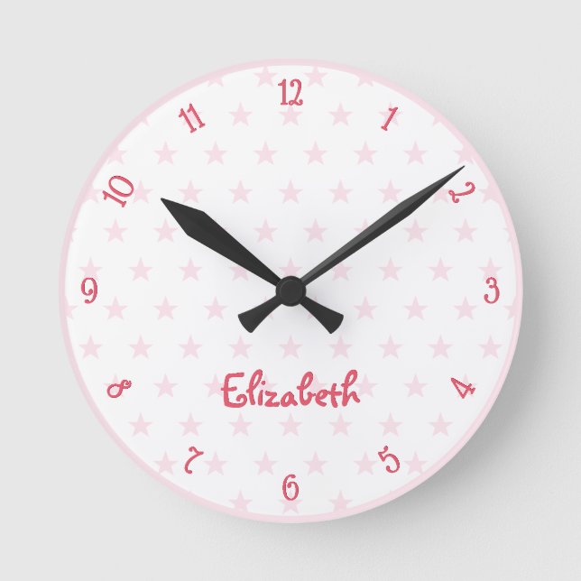 Cute Pink Stars Custom Name Girls Room Nursery Round Clock (Front)