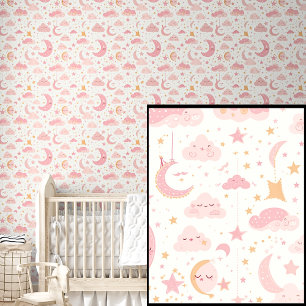 Cute Pink Stars Moons Clouds Wallpaper