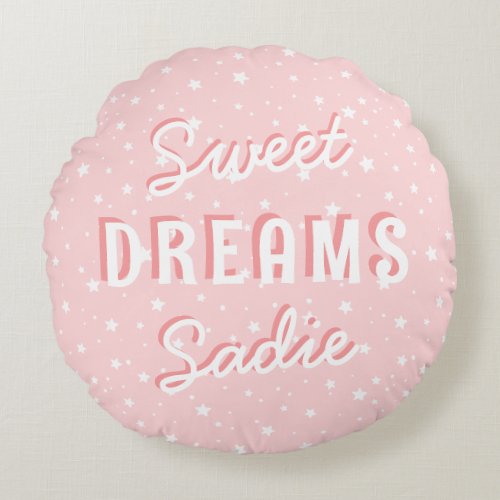 Cute Pink Stars Sweet Dreams  Name Kids Room Round Pillow