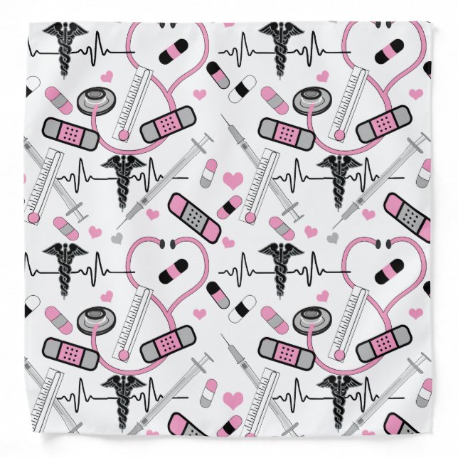 Cute Pink Stethoscope Nurse | Doctor EKG Pattern Bandana (Front)