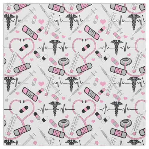 Cute Pink Stethoscope Nurse  Doctor EKG Pattern Fabric
