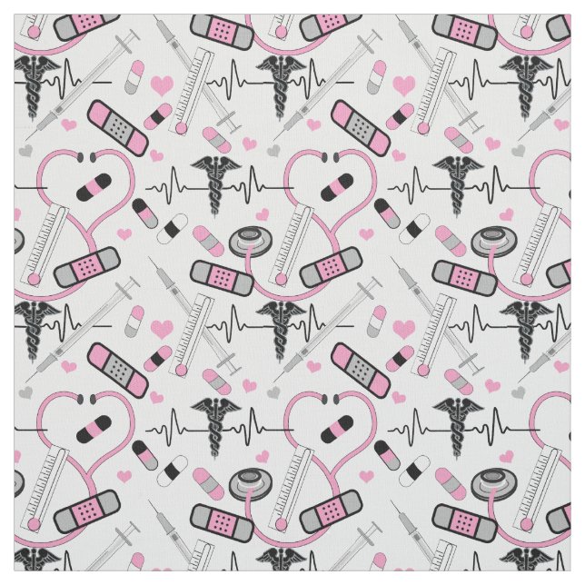 Cute Pink Stethoscope Nurse | Doctor EKG Pattern Fabric