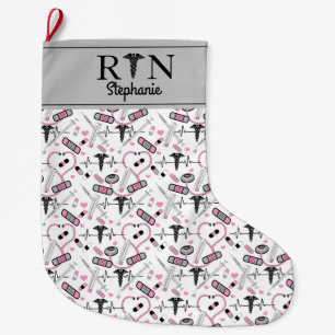 Cute Pink Stethoscope Nurse Doctor EKG Pattern Large Christmas Stocking