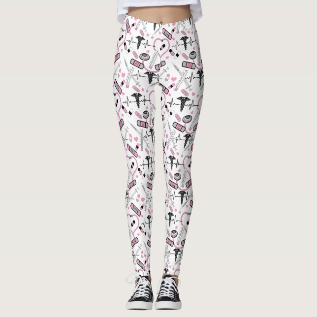 Cute Pink Stethoscope Nurse | Doctor EKG Pattern Leggings (Front)