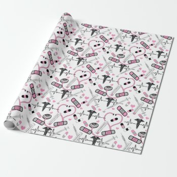 Cute Pink Stethoscope Nurse | Doctor Ekg Pattern Wrapping Paper by hhbusiness at Zazzle