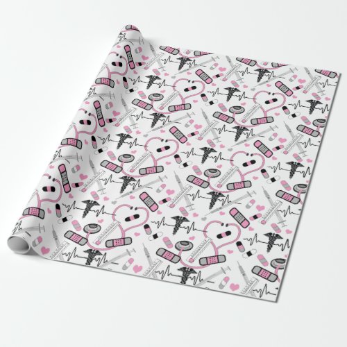 Cute Pink Stethoscope Nurse  Doctor EKG Pattern Wrapping Paper