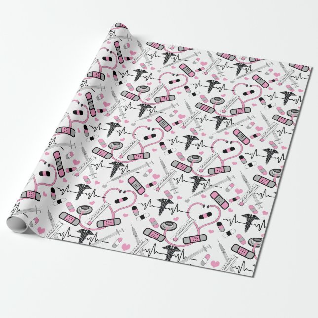 Cute Pink Stethoscope Nurse | Doctor EKG Pattern Wrapping Paper (Unrolled)