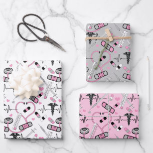 Cute Pink Stethoscope Nurse   Doctor EKG Pattern Wrapping Paper Sheets