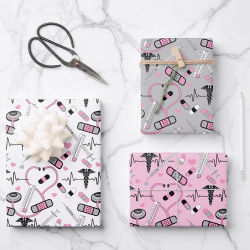 Cute Pink Stethoscope Nurse  Doctor EKG Pattern Wrapping Paper Sheets